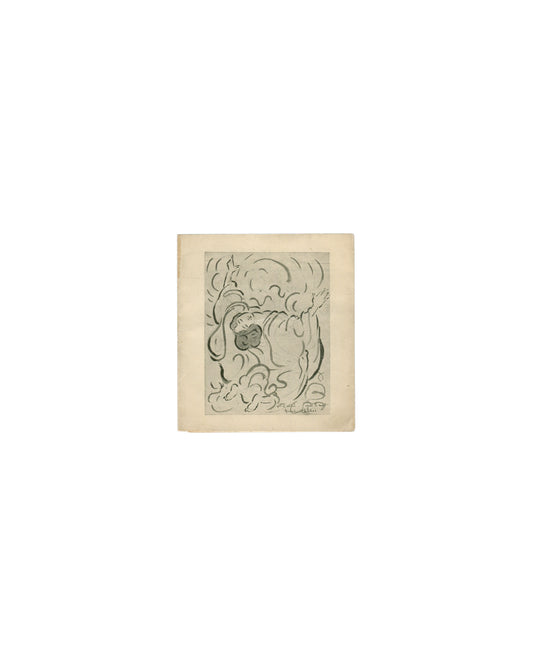 Cover Maurice Chabas, Les Grandes Visions, Galerie Devambez, Paris, 1922. Invitation cover: cream paper; reproduced drawing in grey-green ink — swirling curvilinear forms suggesting clouds or cosmic energy; small female face with closed eyes at centre left, partially obscured by flowing forms; artist's signature lower right. Age toning, edge wear.