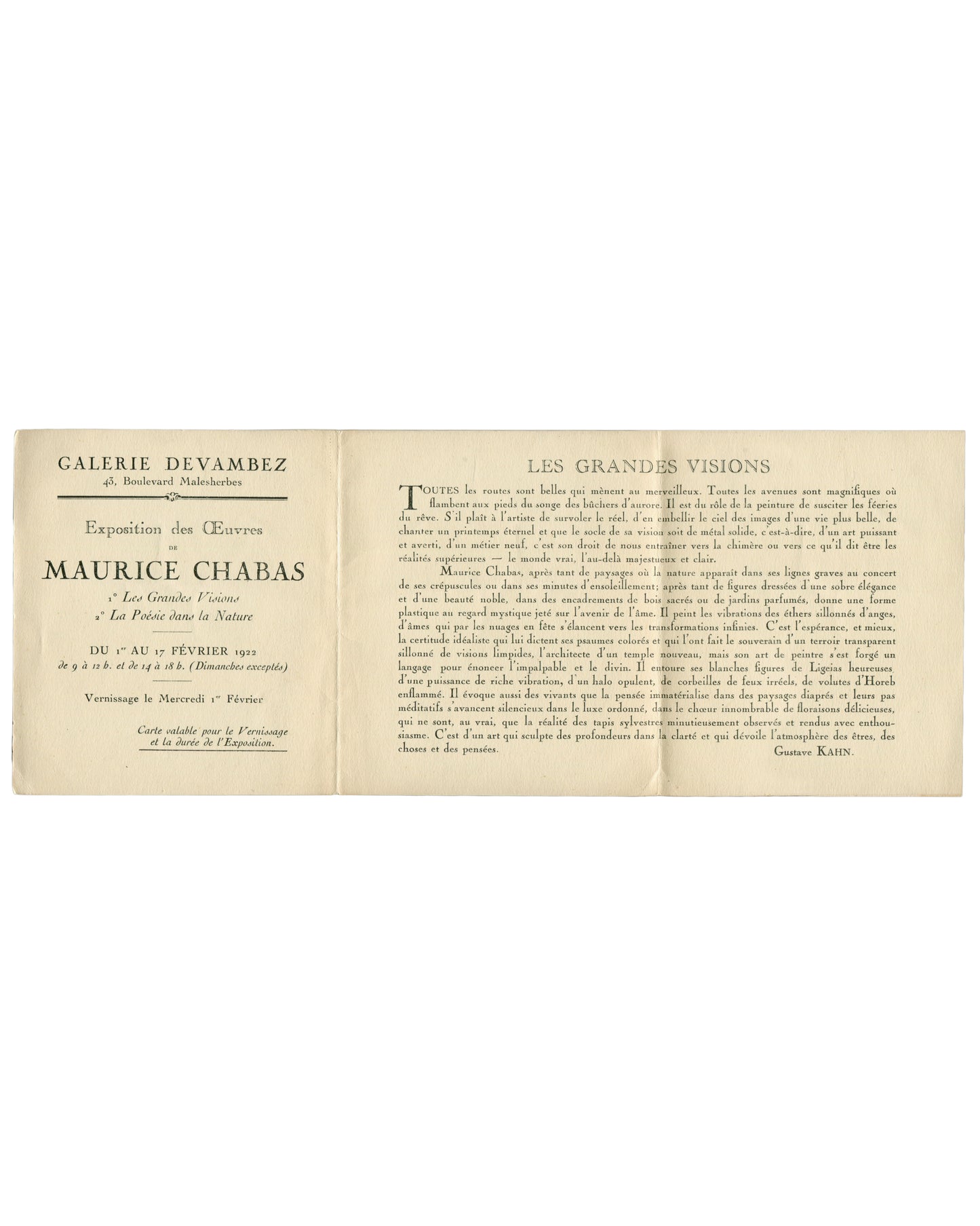 Interior spread Maurice Chabas, Les Grandes Visions, Galerie Devambez, Paris, 1922. Invitation interior, unfolded, 31.5 × 12 cm: left panel, exhibition details in black serif — 'GALERIE DEVAMBEZ / 43, Boulevard Malesherbes', 'Exposition des Œuvres de / MAURICE CHABAS / 1° Les Grandes Visions / 2° La Poésie dans la Nature / DU 1er AU 17 FÉVRIER 1922', hours, vernissage date, 'Carte valable pour le Vernissage et la durée de l'Exposition' in italic; centre and right panels, 'LES GRANDES VISIONS' heading in lar
