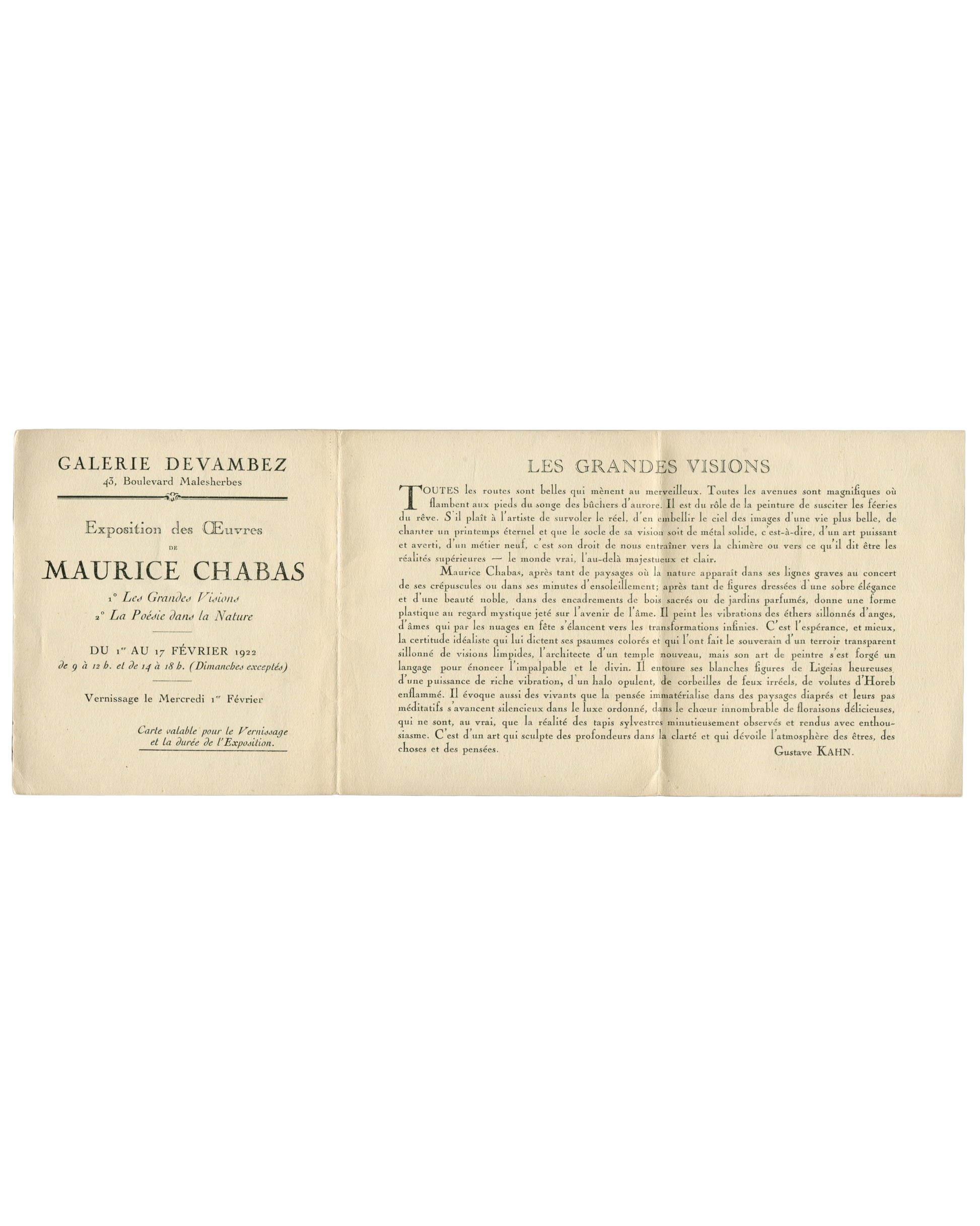Interior spread Maurice Chabas, Les Grandes Visions, Galerie Devambez, Paris, 1922. Invitation interior, unfolded, 31.5 × 12 cm: left panel, exhibition details in black serif — 'GALERIE DEVAMBEZ / 43, Boulevard Malesherbes', 'Exposition des Œuvres de / MAURICE CHABAS / 1° Les Grandes Visions / 2° La Poésie dans la Nature / DU 1er AU 17 FÉVRIER 1922', hours, vernissage date, 'Carte valable pour le Vernissage et la durée de l'Exposition' in italic; centre and right panels, 'LES GRANDES VISIONS' heading in lar