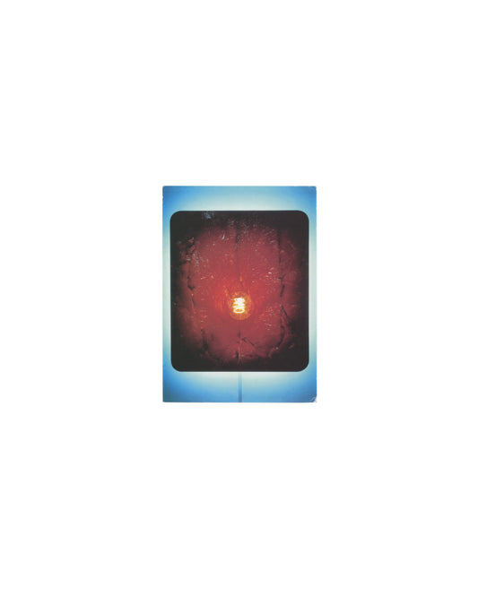 Original 1994 Tate postcard reproducing Helen Chadwick's Enfleshings I, 1989, showing a photographic transparency image: a deep red-orange circular mass of organic matter — raw flesh, viscera, and biological material — arranged around a central glowing light bulb, set against a dark background with a soft blue border characteristic of Tate postcard printing of the period.
