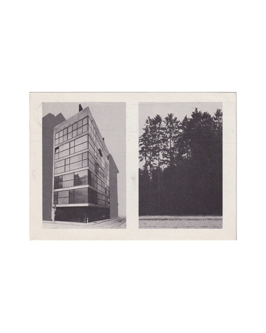 Charles Simonds, The Three Trees, 1985 — recto: offset-printed exhibition card showing two black-and-white photographs side by side, a modernist glass-façade building and a dense stand of conifers, on light card stock
