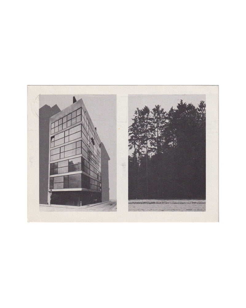 Charles Simonds, The Three Trees, 1985 — recto: offset-printed exhibition card showing two black-and-white photographs side by side, a modernist glass-façade building and a dense stand of conifers, on light card stock
