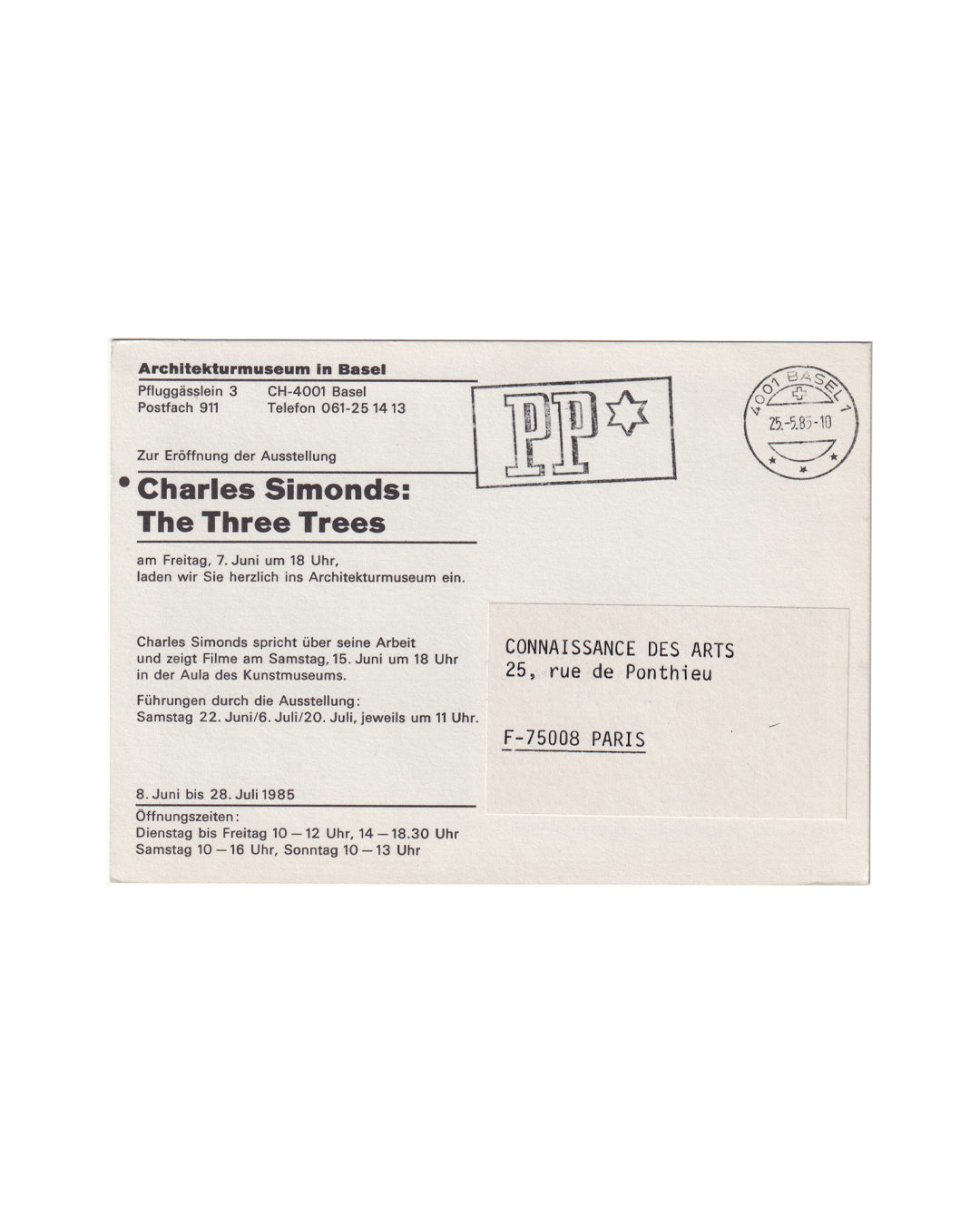 Charles Simonds, The Three Trees, 1985 — verso: exhibition invitation from Architekturmuseum in Basel with Basel postal stamp dated 25 May 1985 and typed address label to Connaissance des Arts, Paris
