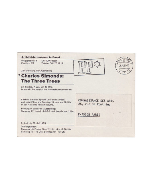 Charles Simonds, The Three Trees, 1985 — verso: exhibition invitation from Architekturmuseum in Basel with Basel postal stamp dated 25 May 1985 and typed address label to Connaissance des Arts, Paris