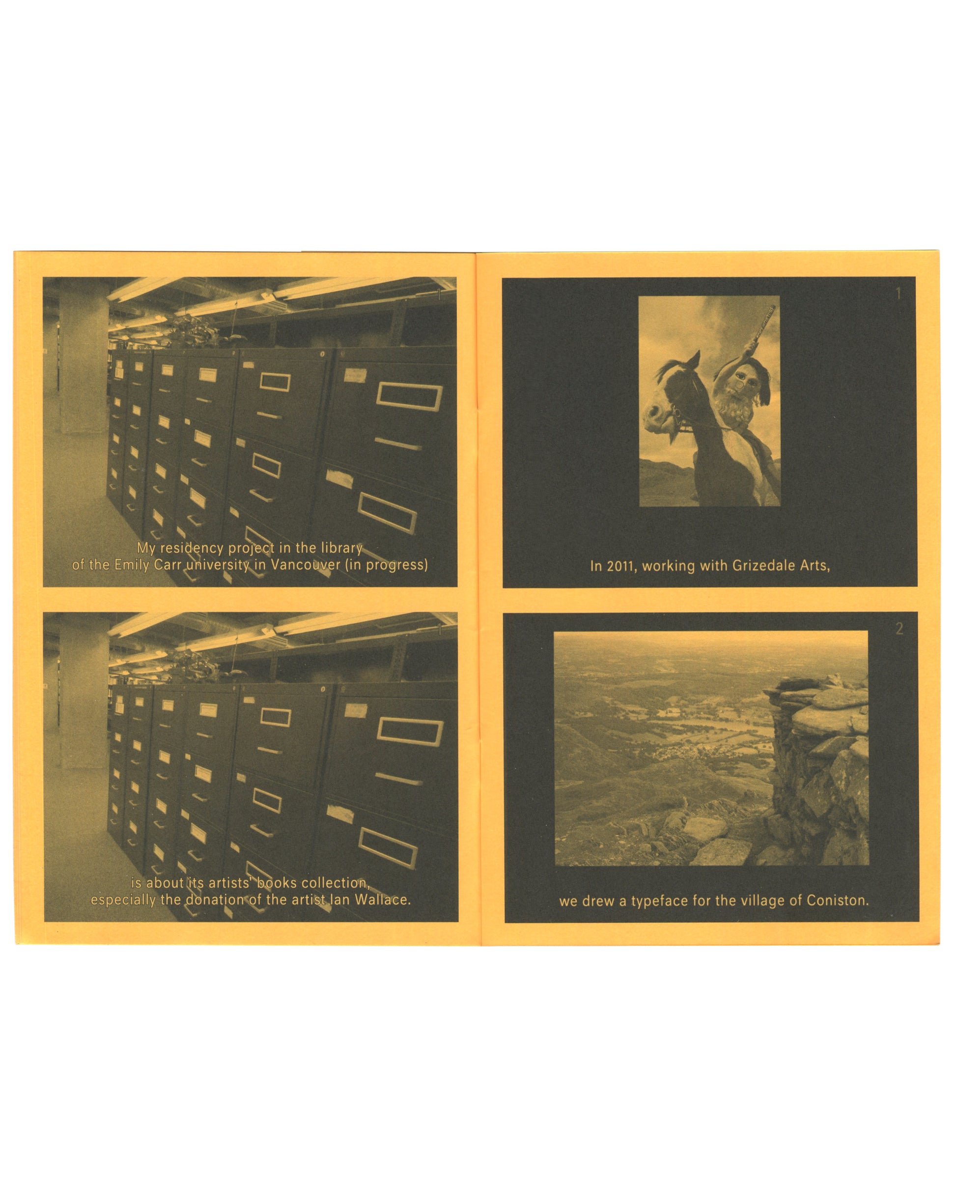 Interior — library filing cabinets / Grizedale Arts Slide Shows, Charlotte Cheetham, Fillip Editions, 2013. Interior spread: four video stills on yellow ground — two showing grey metal filing cabinet drawers at Emily Carr University library, Vancouver; two showing a falconer and aerial landscape, captioned "In 2011, working with Grizedale Arts, we drew a typeface for the village of Coniston."
