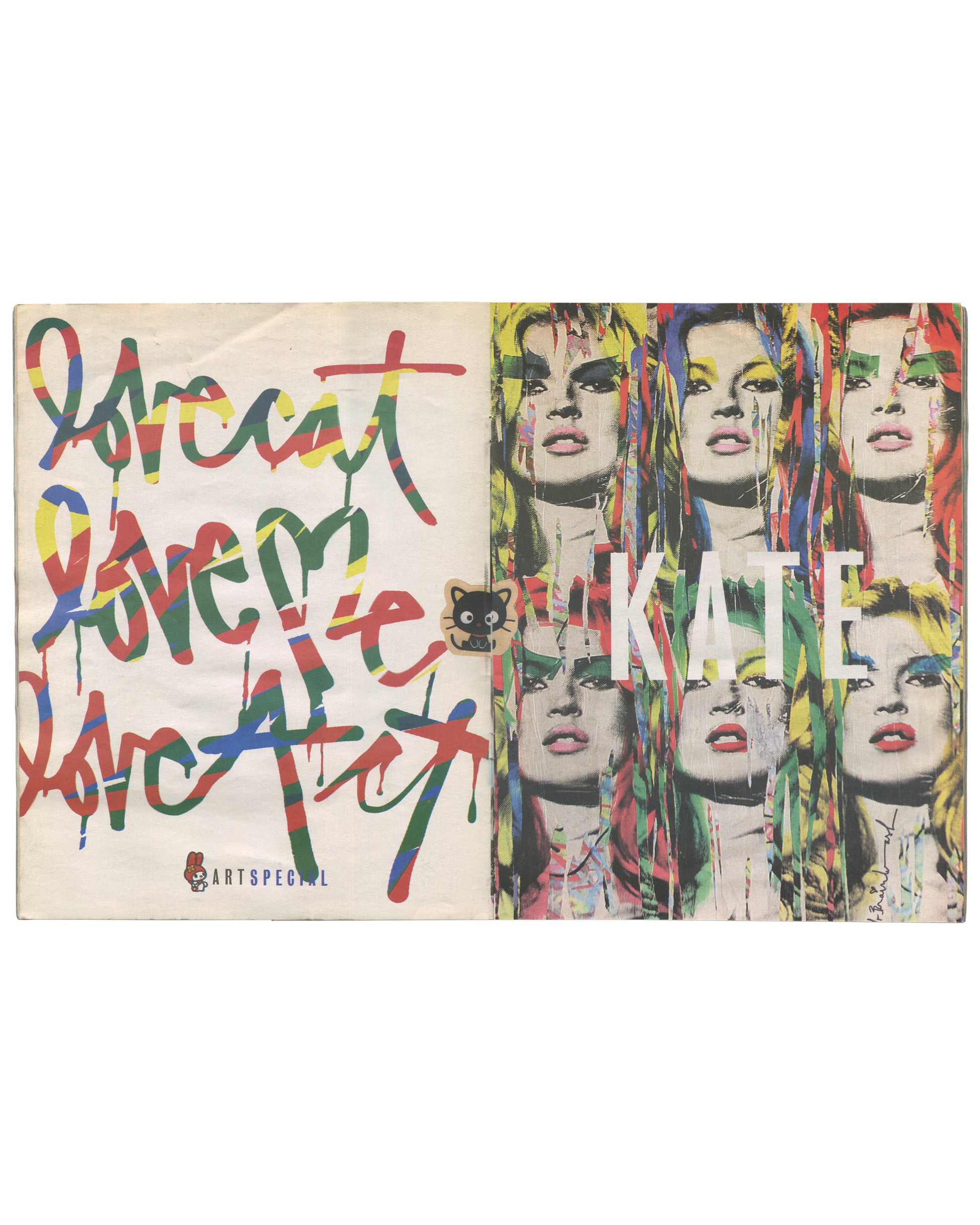 Back cover and interior spread from 2012 Lovecat Issue 3. Left page: plain white back cover with 'lovecat / lovemore / lovelife / loveArt' in multicolour graffiti script and 'ARTSPECIAL' logo with cartoon rabbit. Right page: Mr. Brainwash, 'Kate' — repeated halftone portraits of Kate Moss in multicolour paint drips with 'KATE' in white block letters overlaid, Mr. Brainwash signature at lower right.
