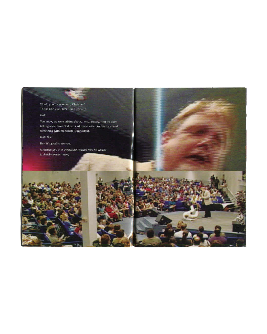 Christian Jankowski Book or magazine with a photo of a speaker and audience on one page, and text on the other.