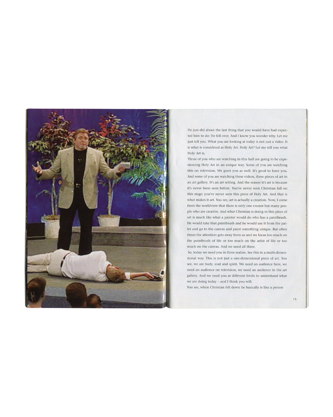 Christian Jankowski Book open to a page with a photograph of a man on stage and text.