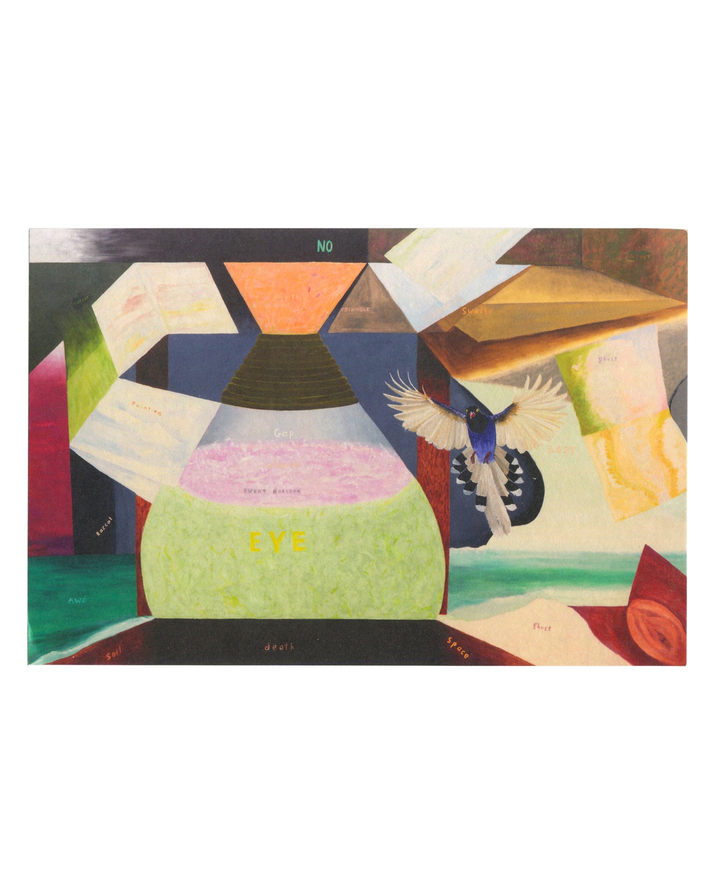 2024 Leidy Churchman Inner Dialogue Galerie Chantal Crousel Paris exhibition card. Recto: colour reproduction of painting showing fragmented geometric forms in green, orange, pink, blue, red, and brown; a magpie in flight at centre; scattered handwritten text fragments including 'NO', 'EYE', 'space', 'dead'; overlapping planes suggesting interior and exterior space simultaneously.