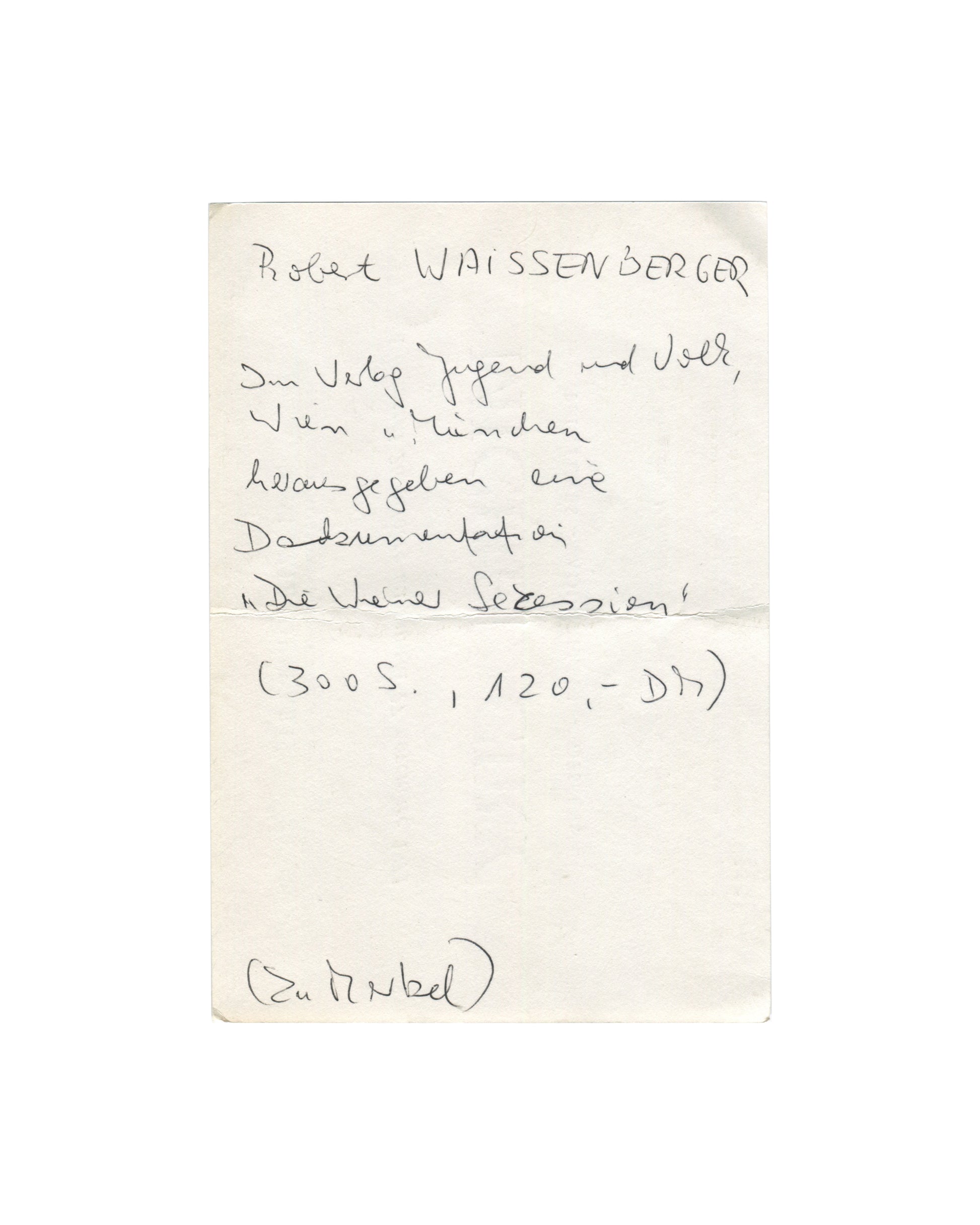 Handwritten German archival reference card mentioning Robert Waissenberger and *Die Wiener Secession: Eine Dokumentation*, with publication details and price noted in graphite on folded paper.
