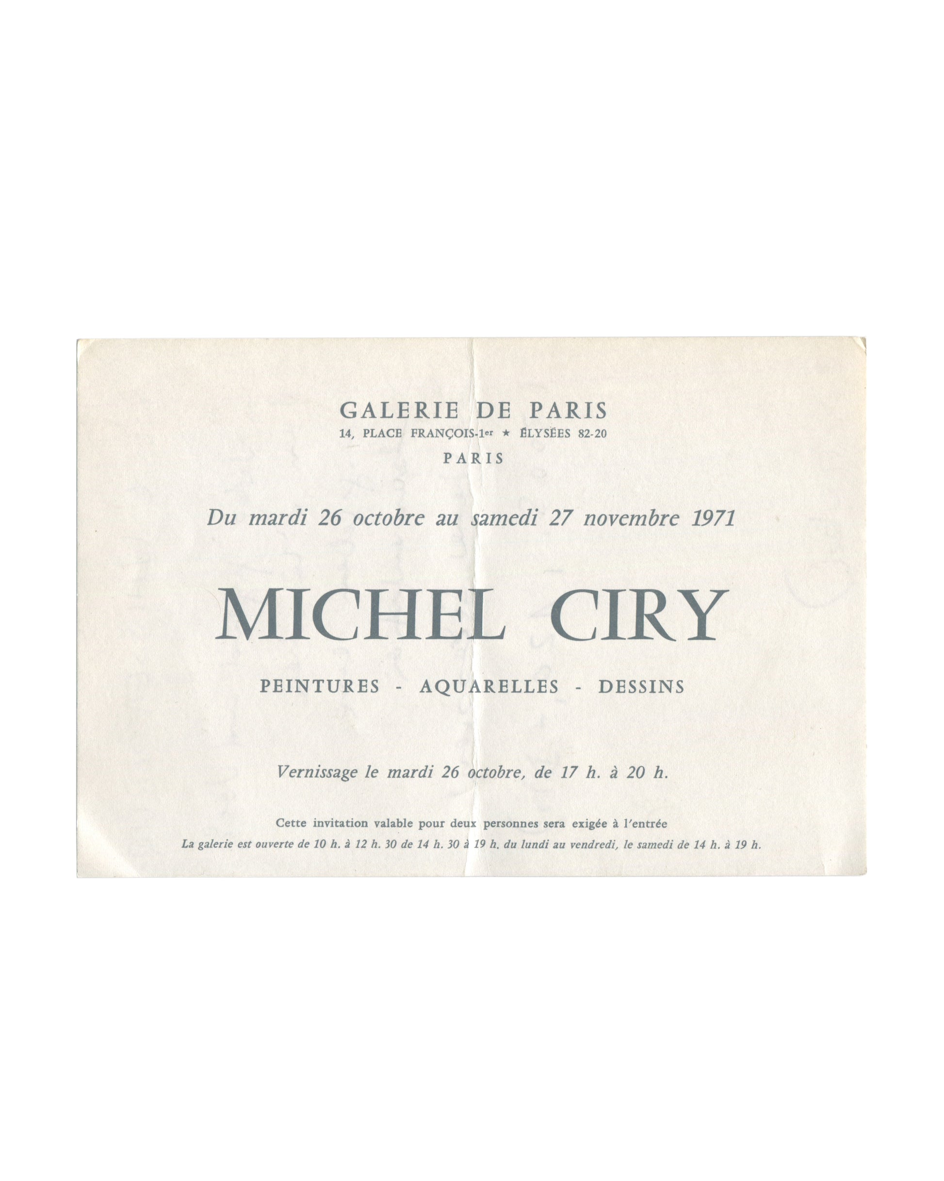 Original 1971 Michel Ciry exhibition invitation for Galerie de Paris, announcing paintings, watercolors, and drawings from 26 October to 27 November 1971 on folded cream card