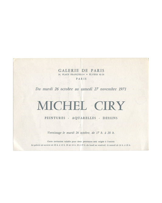 Original 1971 Michel Ciry exhibition invitation for Galerie de Paris, announcing paintings, watercolors, and drawings from 26 October to 27 November 1971 on folded cream card
