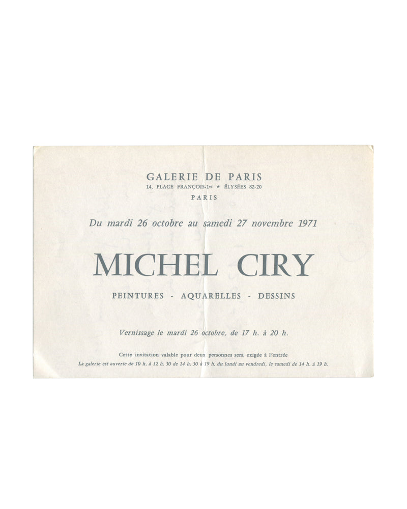 Original 1971 Michel Ciry exhibition invitation for Galerie de Paris, announcing paintings, watercolors, and drawings from 26 October to 27 November 1971 on folded cream card