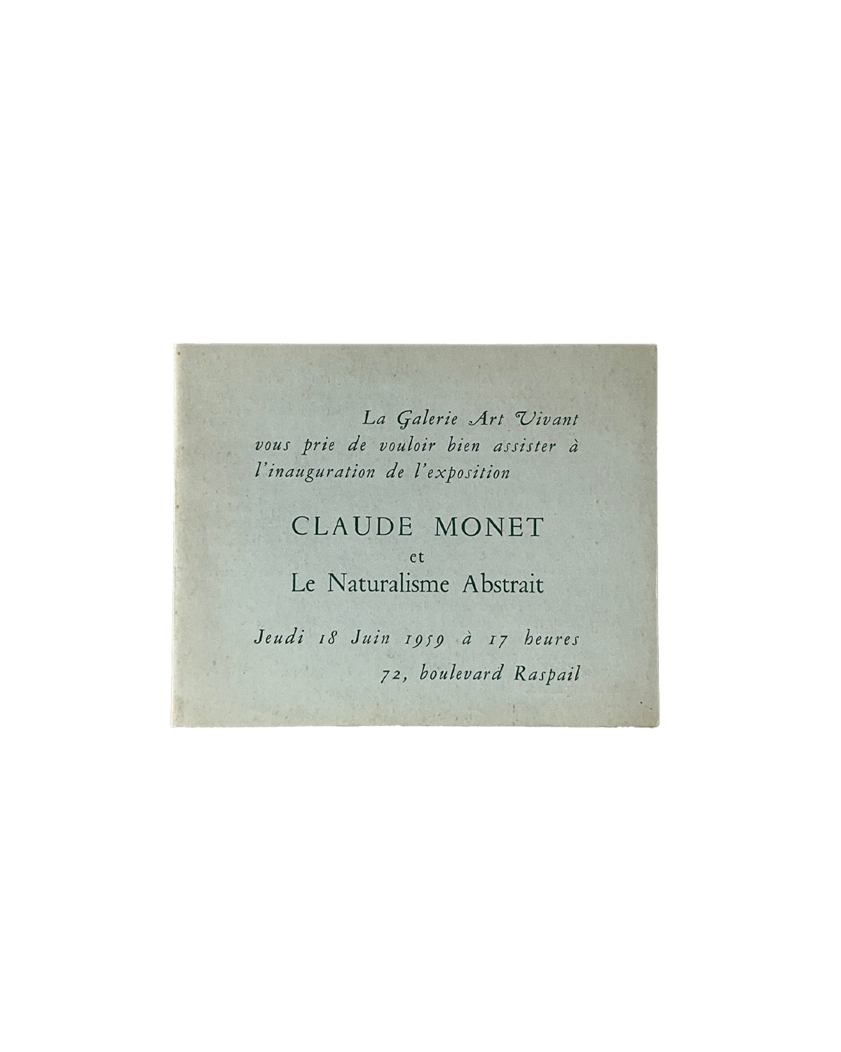Invitation card for an exhibition featuring Claude Monet on a light gray background