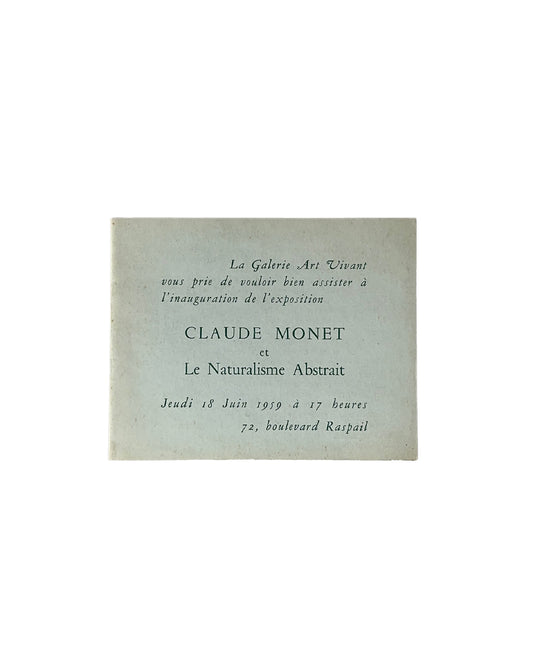 Invitation card for an exhibition featuring Claude Monet on a light gray background