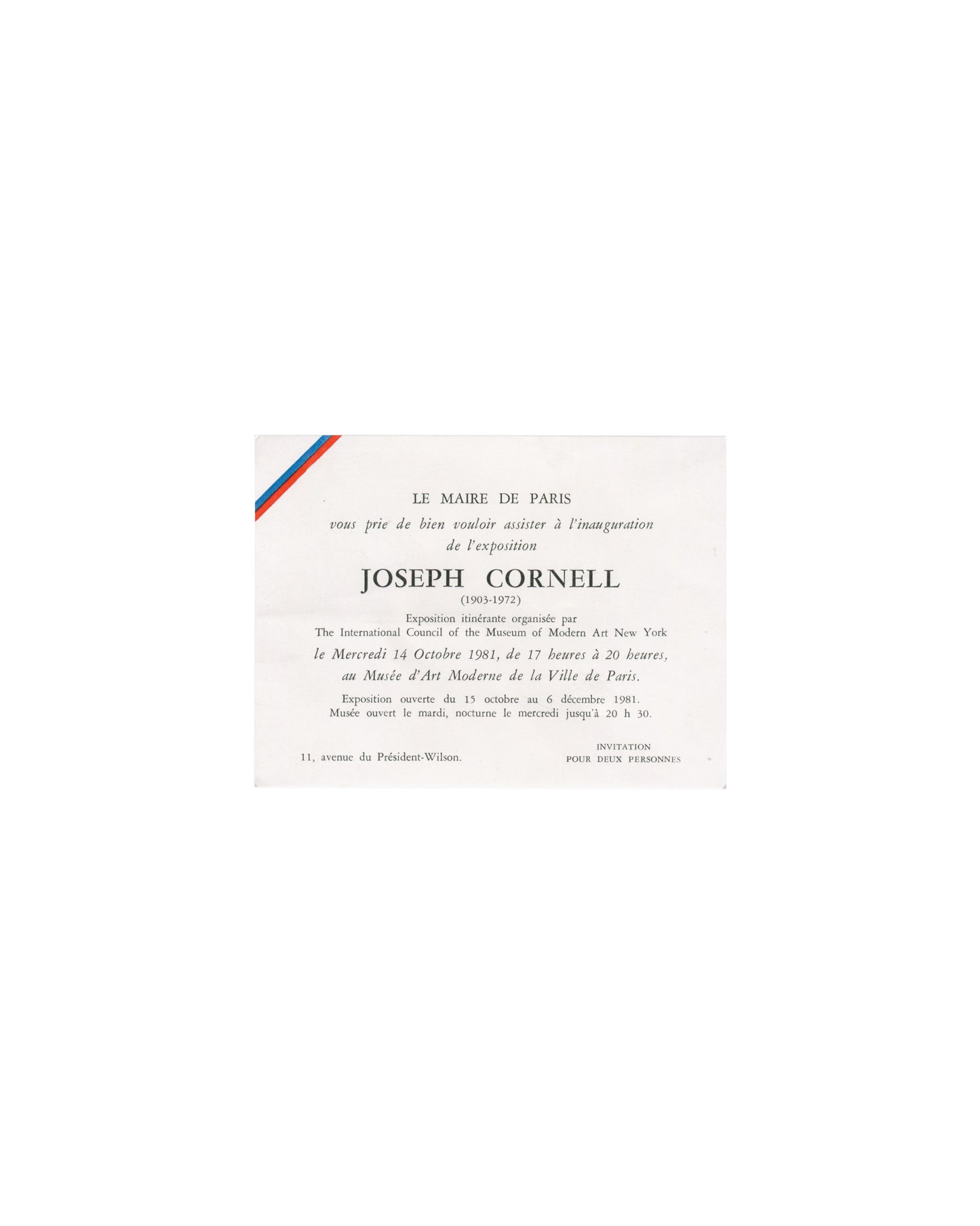 Joseph Cornell, exhibition invitation, Musée d'Art Moderne de la Ville de Paris 1981, MoMA, tricolour stripe, black typography