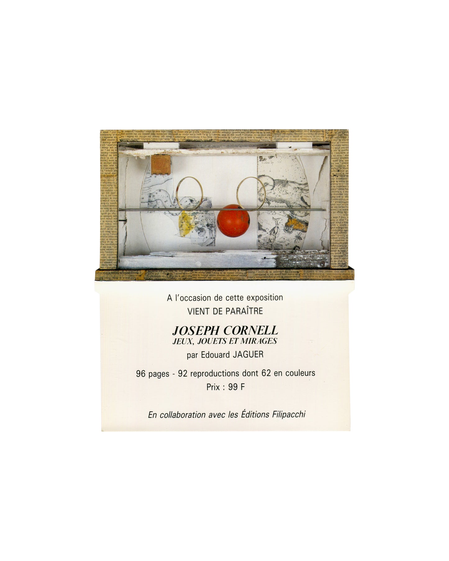 Joseph Cornell box, newsprint-bordered frame, red sphere, wire rings, found objects on white ground, 1989