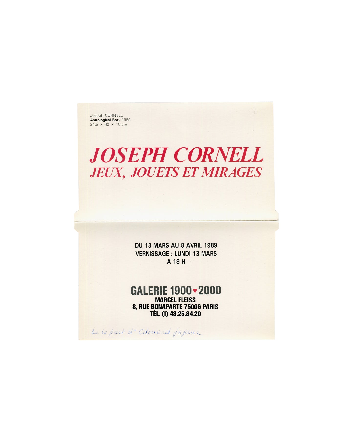 red title Joseph Cornell Jeux Jouets et Mirages, dates, Galerie 1900-2000, handwritten inscription, 1989