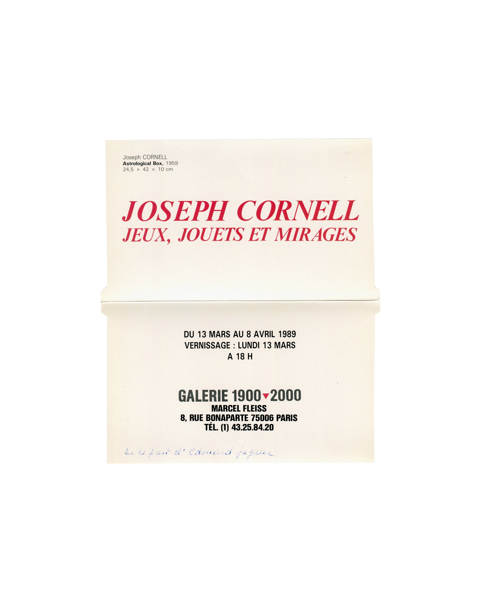 red title Joseph Cornell Jeux Jouets et Mirages, dates, Galerie 1900-2000, handwritten inscription, 1989