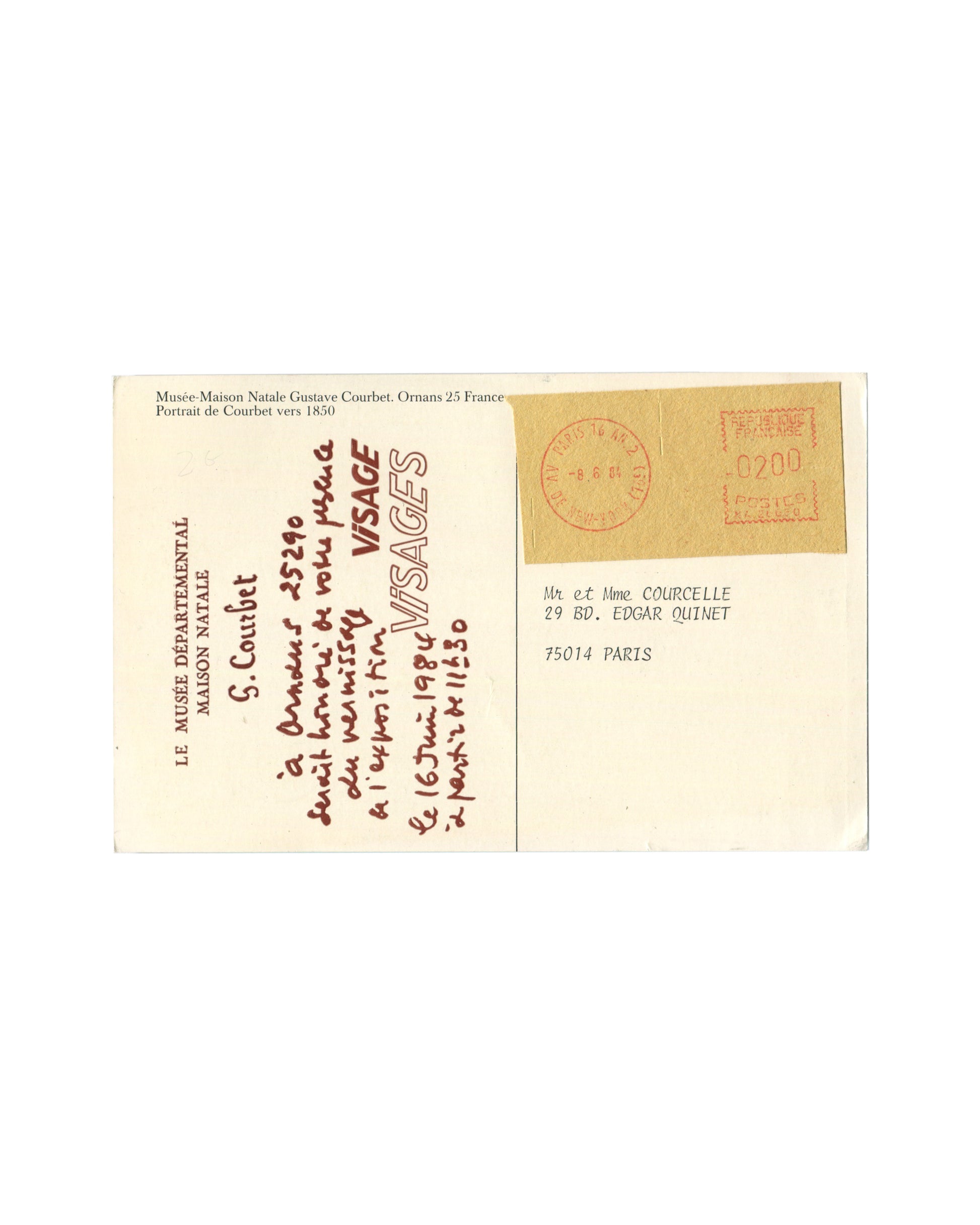 Verso of original 1984 Gustave Courbet exhibition invitation showing *Visage / Visages* exhibition details, handwritten vernissage note, Paris postal stamp, and addressed recipient information.
