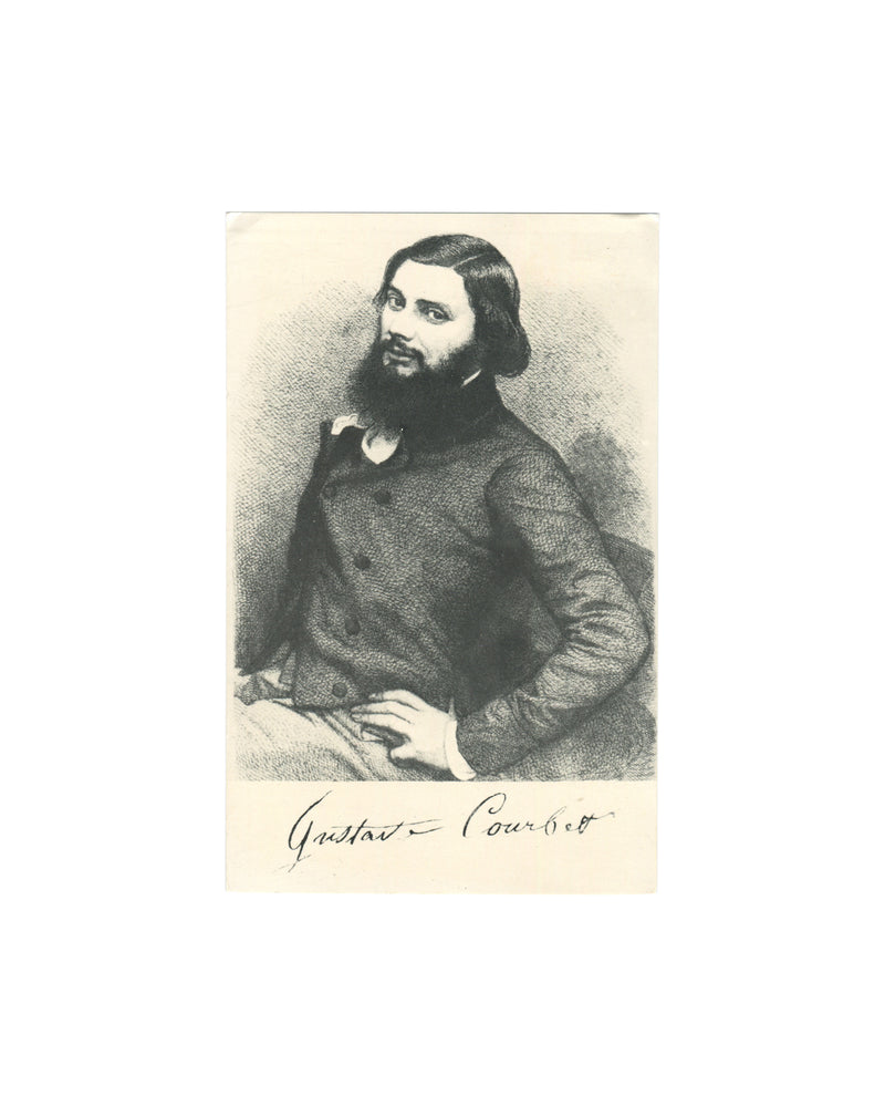 Original 1984 Gustave Courbet exhibition invitation card featuring a black-and-white portrait of a young Courbet with printed signature beneath, issued by Musée Maison Natale in Ornans, France.