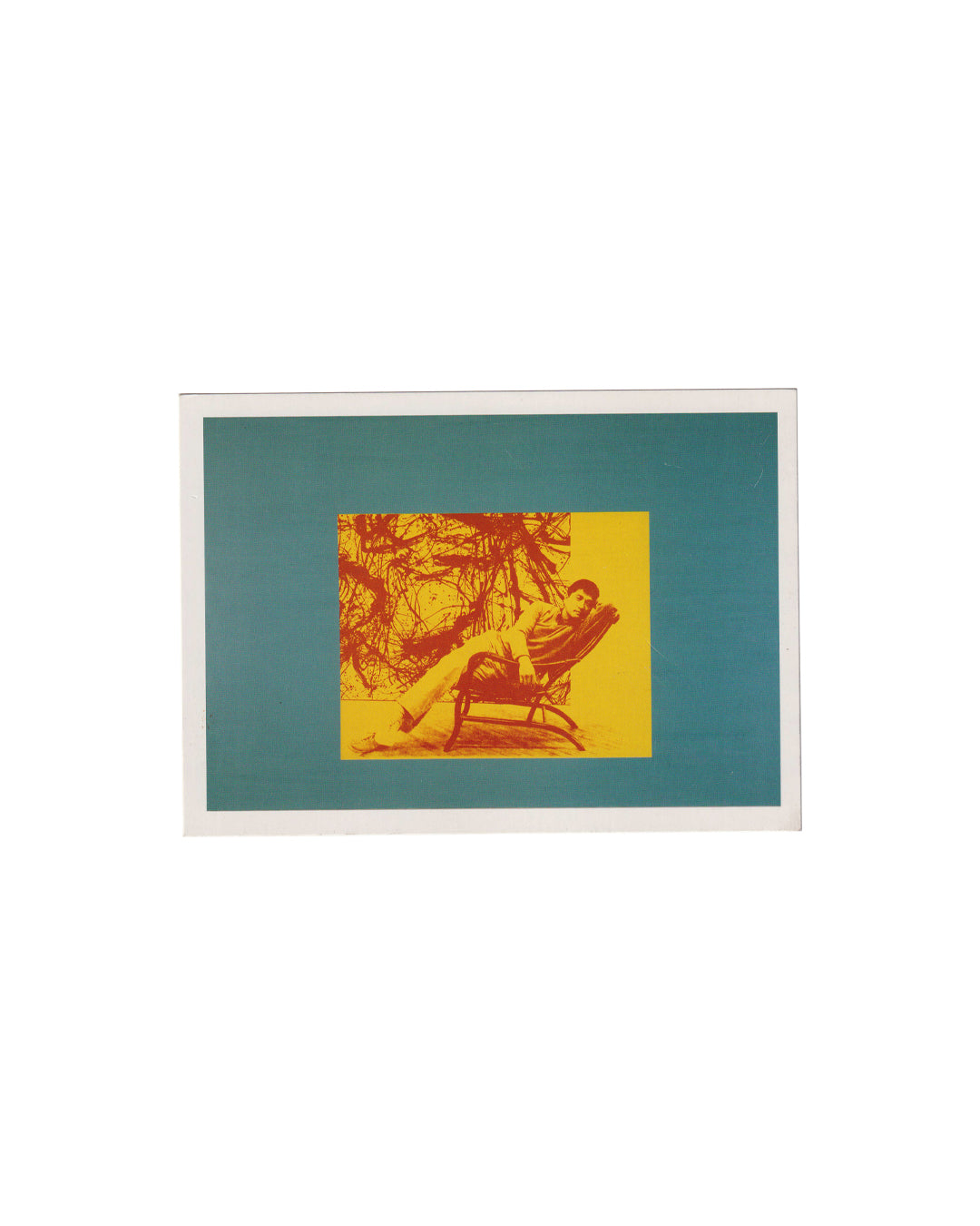 David Diao — Lying 2, Postmasters Gallery, New York, 2000. Exhibition announcement card, recto. Teal ground with central yellow rectangle. Orange-red silkscreen-style reproduction of Lying 2, 2000 — a figure reclining in a chair against a gestural painted ground. Offset print on semi-gloss card, 18 × 12.7 cm. Exhibition ephemera.
