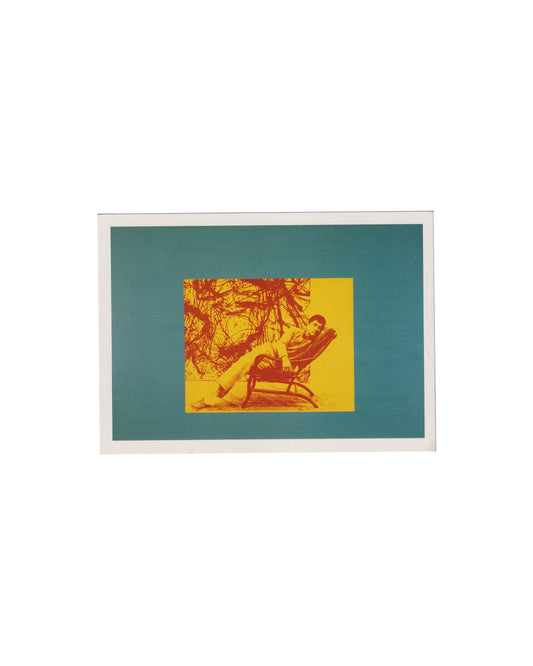 David Diao — Lying 2, Postmasters Gallery, New York, 2000. Exhibition announcement card, recto. Teal ground with central yellow rectangle. Orange-red silkscreen-style reproduction of Lying 2, 2000 — a figure reclining in a chair against a gestural painted ground. Offset print on semi-gloss card, 18 × 12.7 cm. Exhibition ephemera.
