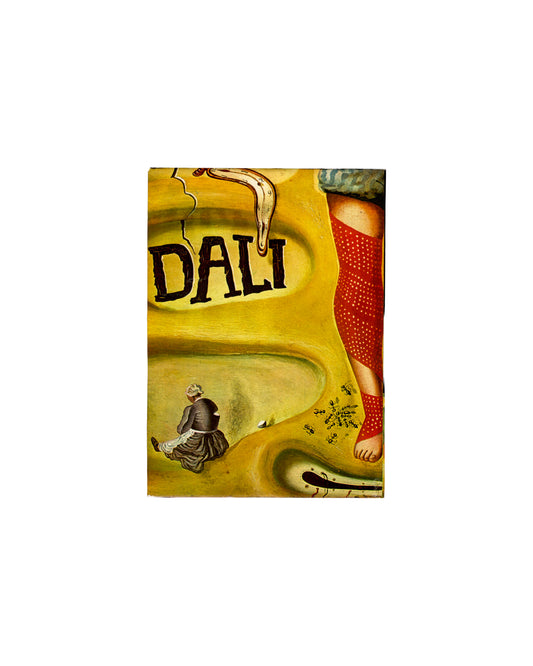 Dali by Dali, Salvador Dalí, Abrams 1970, back cover, yellow surrealist landscape, melting DALI lettering, seated figure
