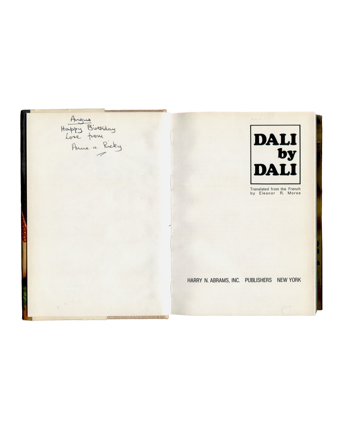 Dali by Dali, Salvador Dalí, 1970, title page and inscription to Angus, translated by Eleanor R. Morse, Harry N. Abrams New York