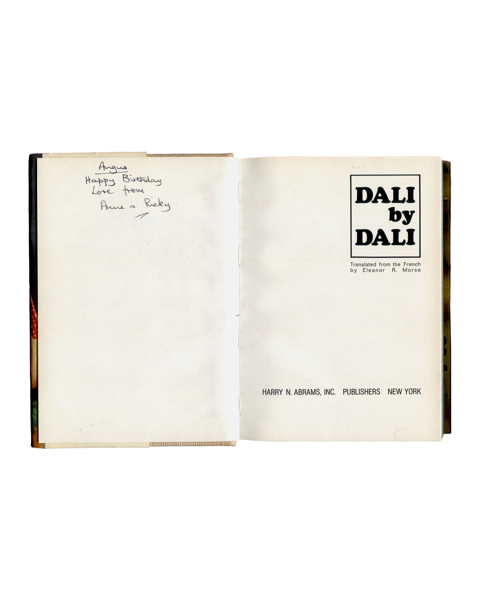 Dali by Dali, Salvador Dalí, 1970, title page and inscription to Angus, translated by Eleanor R. Morse, Harry N. Abrams New York