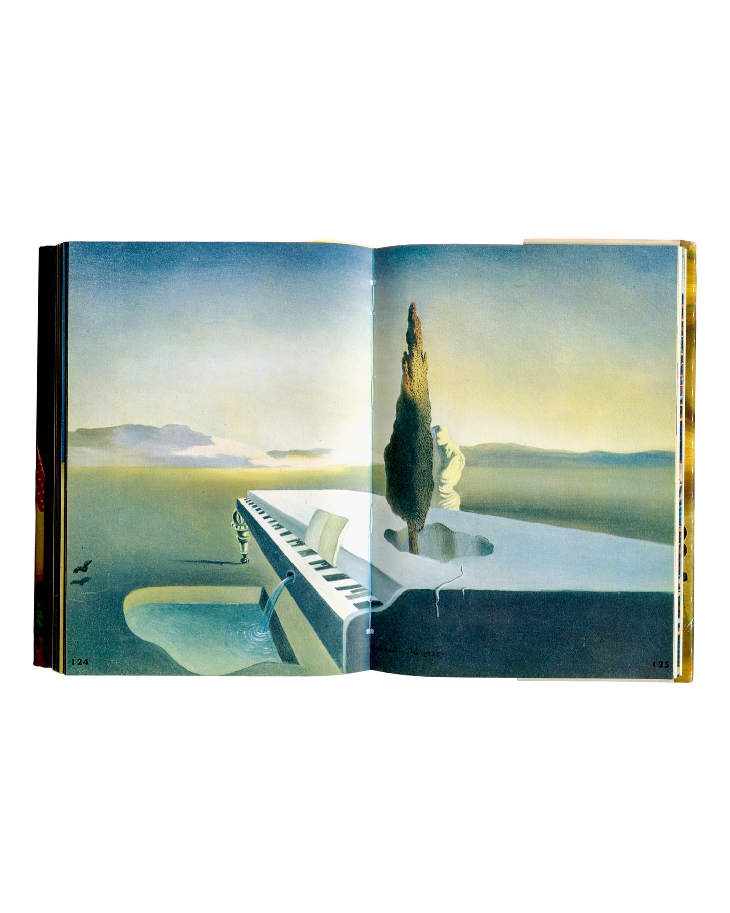 Dali by Dali, Salvador Dalí, 1970, pp. 124–125, surrealist painting of grand piano extending into flat landscape with cypress