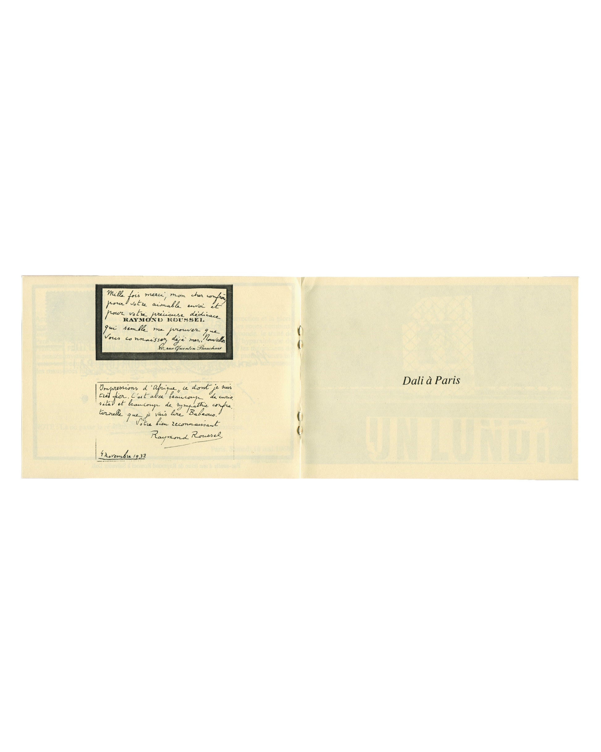 Salvador Dalí, Ma révolution culturelle, Les Livres de Nulle Part, facsimile Raymond Roussel letter 1932, Dalí à Paris