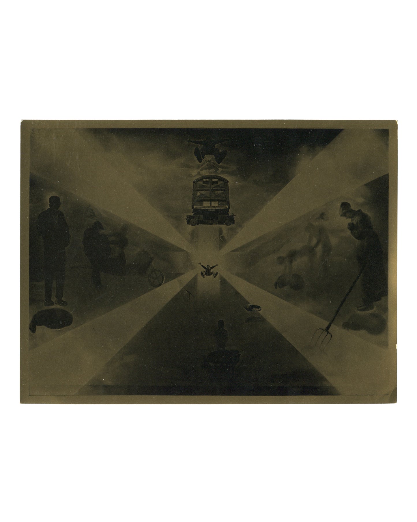 1977 Salvador Dalí La Gare de Perpignan Galerie André François Petit Paris exhibition invitation card. Recto: dark surrealist composition on gold-toned ground — radiating beams of light from a central floating bus or vehicle at top, silhouetted figures at left and right edges, a small winged insect at the vanishing point, shadowy forms including a hat and rake in the foreground; theatrical chiaroscuro atmosphere.