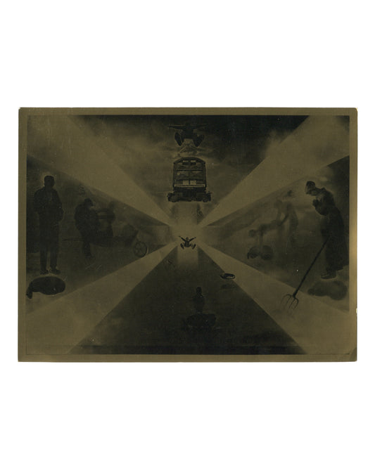 1977 Salvador Dalí La Gare de Perpignan Galerie André François Petit Paris exhibition invitation card. Recto: dark surrealist composition on gold-toned ground — radiating beams of light from a central floating bus or vehicle at top, silhouetted figures at left and right edges, a small winged insect at the vanishing point, shadowy forms including a hat and rake in the foreground; theatrical chiaroscuro atmosphere.