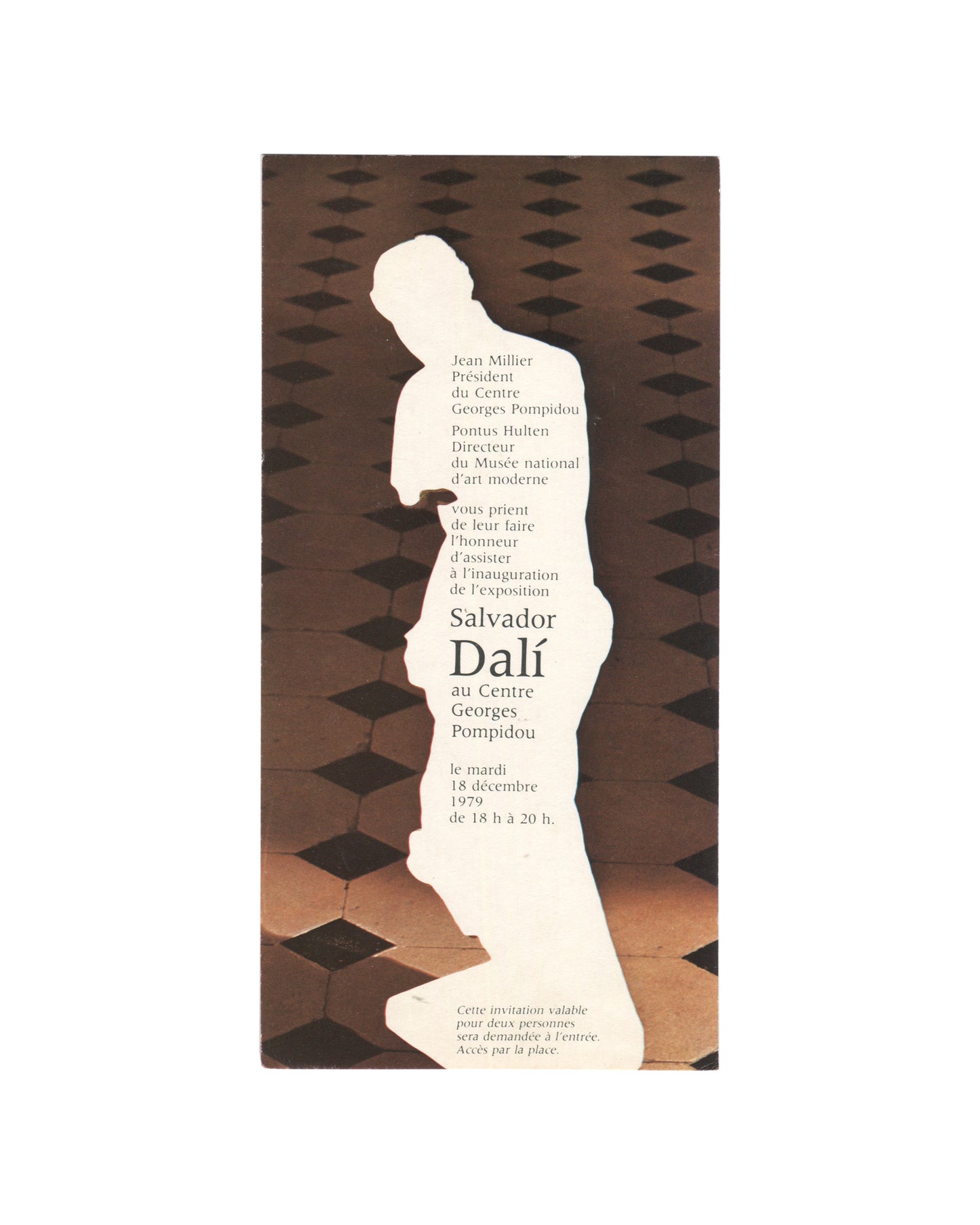 Salvador Dalí, Centre Georges Pompidou inauguration invitation, Paris, 18 December 1979. Classical figure silhouette against tiled museum floor; black invitation text signed by Jean Millier and Pontus Hultén."