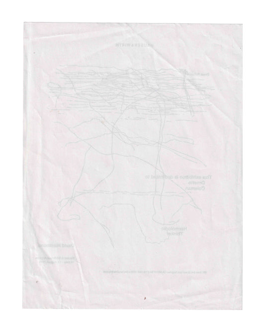 David Hammons — Harmolodic Thinker, Hauser & Wirth Los Angeles, 2019 — reverse of original xeroxed press release showing ghost impression of Hammons' hand-drawn line composition bleeding through the thin paper, creased from handling