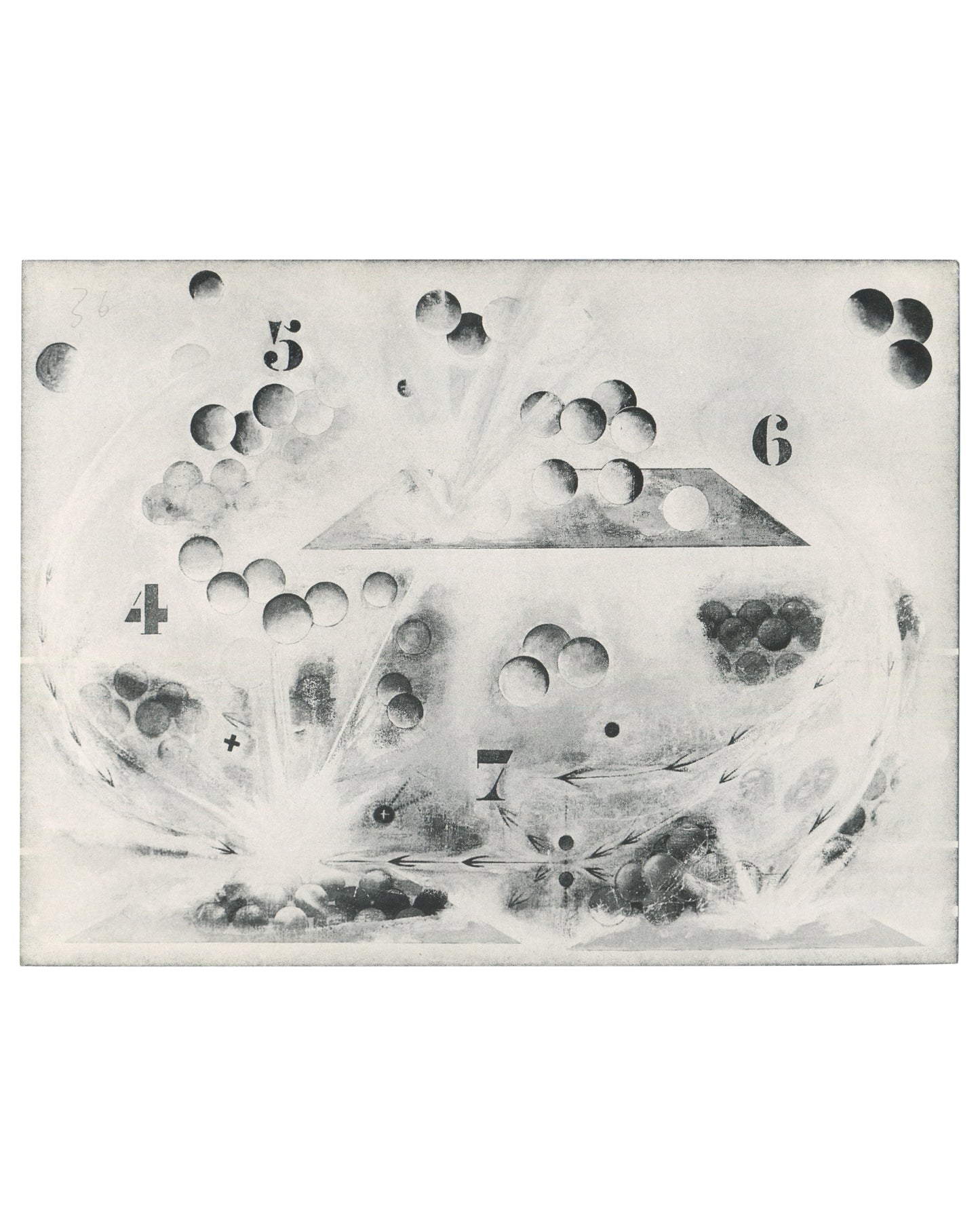 Pierre-Marc de Biasi, Sphères Sphères, Galerie J. & J. Donguy, Paris, 1982. Monochrome field with numbered sphere clusters (4, 5, 6, 7), directional arrows, cross marks, and photographic haze.