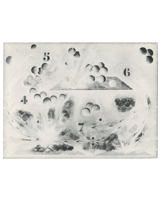 Pierre-Marc de Biasi, Sphères Sphères, Galerie J. & J. Donguy, Paris, 1982. Monochrome field with numbered sphere clusters (4, 5, 6, 7), directional arrows, cross marks, and photographic haze.
