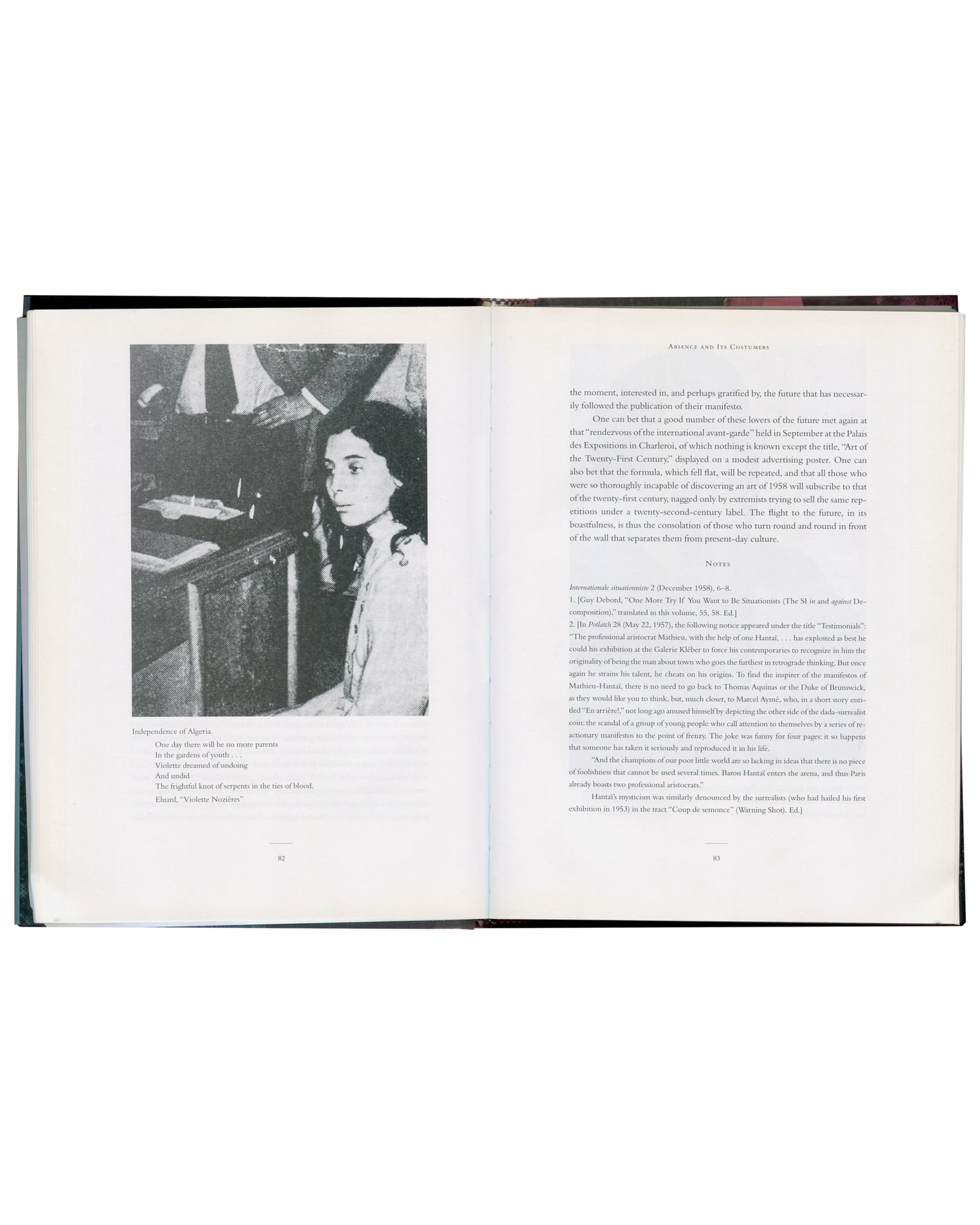 Guy Debord and the Situationist International, MIT Press 2002, interior spread pp. 62–63: Independence of Algeria photograph with Éluard caption and essay text, Arkades and Its Customers