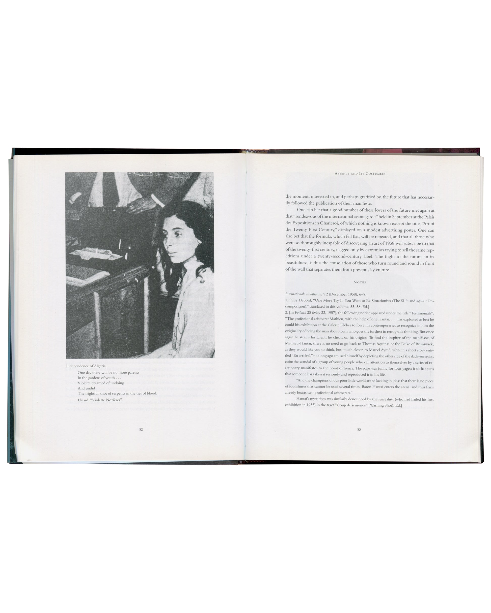 Guy Debord and the Situationist International, MIT Press 2002, interior spread pp. 62–63: Independence of Algeria photograph with Éluard caption and essay text, Arkades and Its Customers