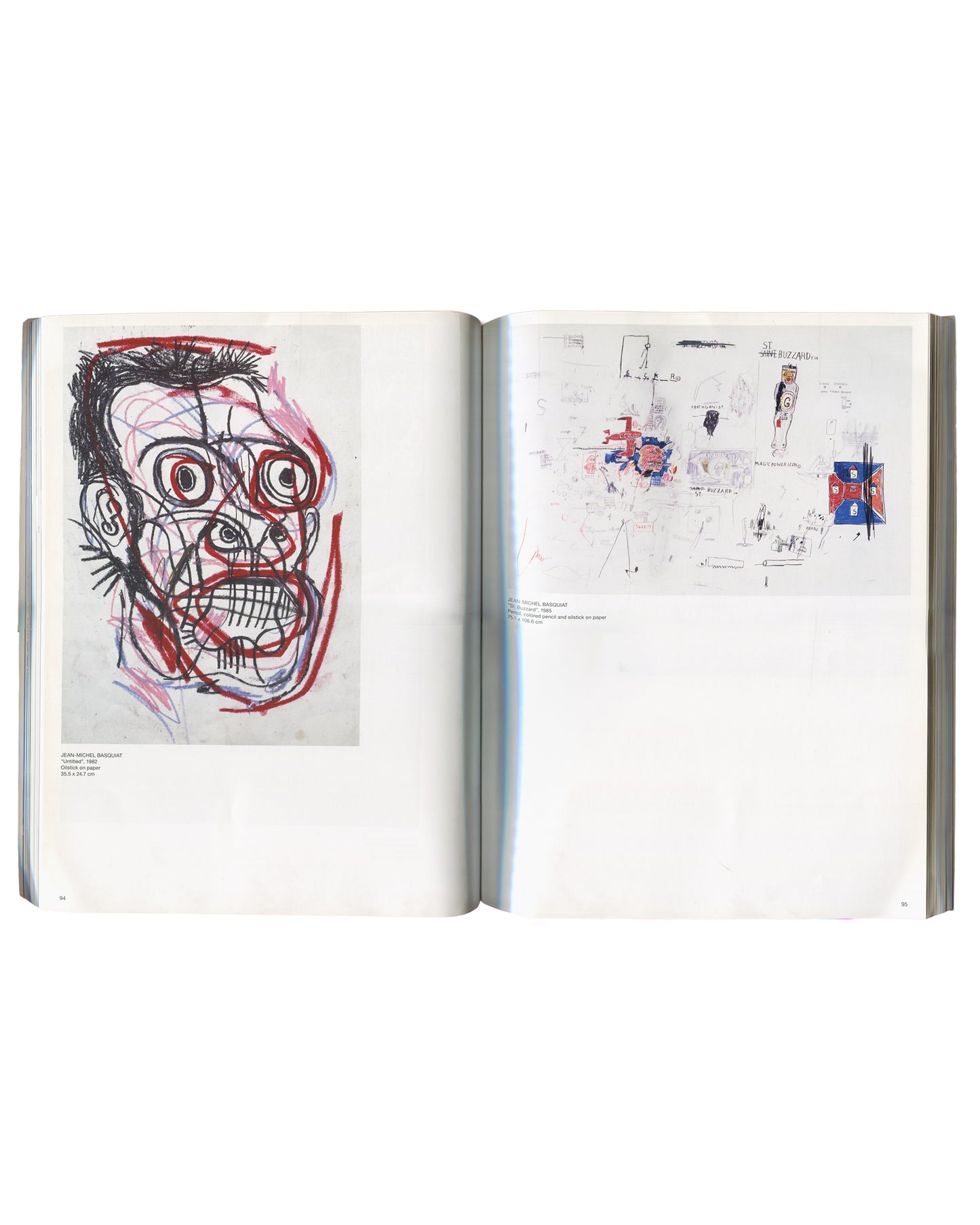  Basquiat Untitled (1982), raw expressive head in crayon. Right: Basquiat mixed-media work (1985), dense composition of figures and text fragments.