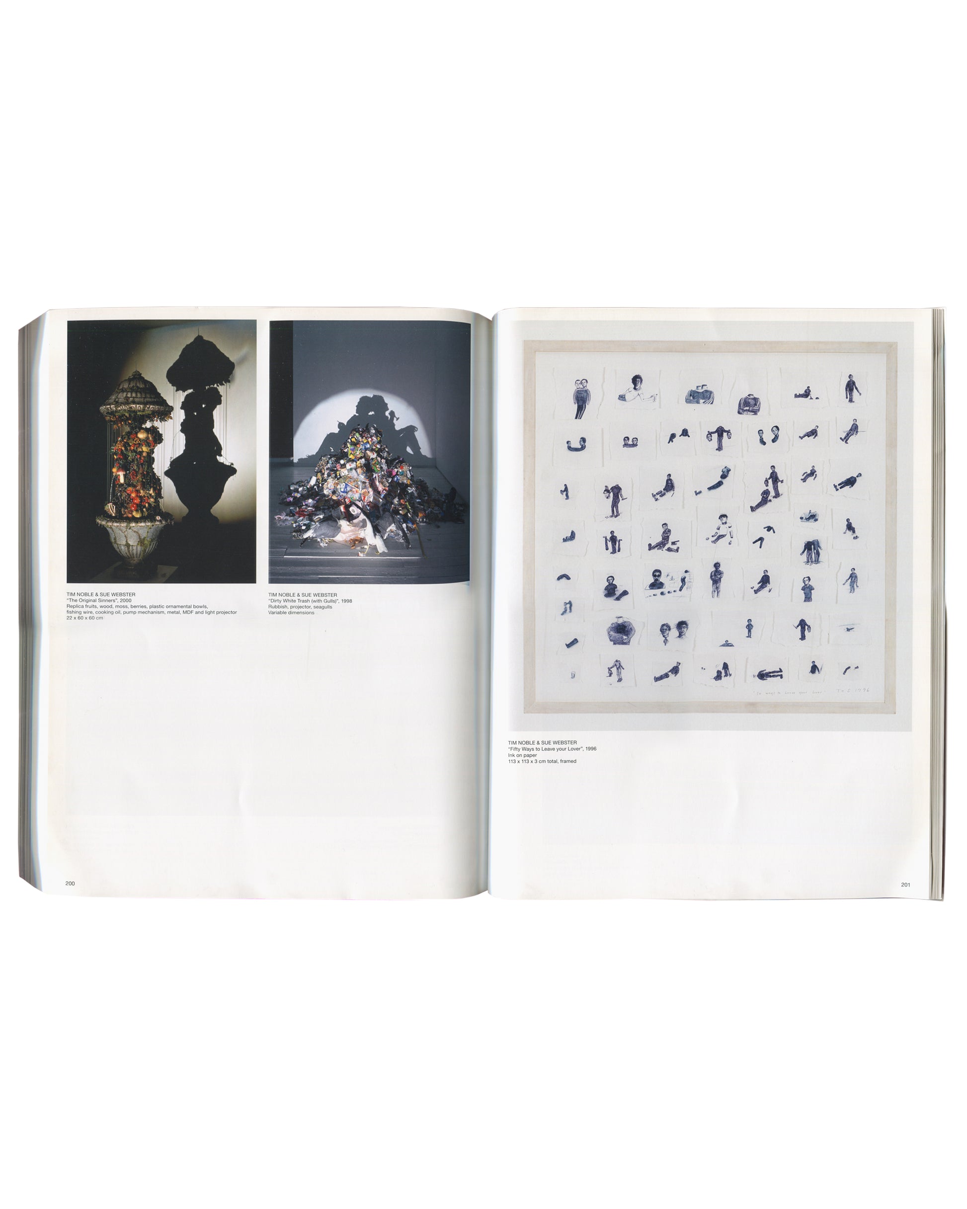 Tim Noble & Sue Webster The Chipmix Remixes (2003) and shadow projection. Right: Fifty Ways to Leave your Lover (1998), grid of fifty ink drawings framed together.