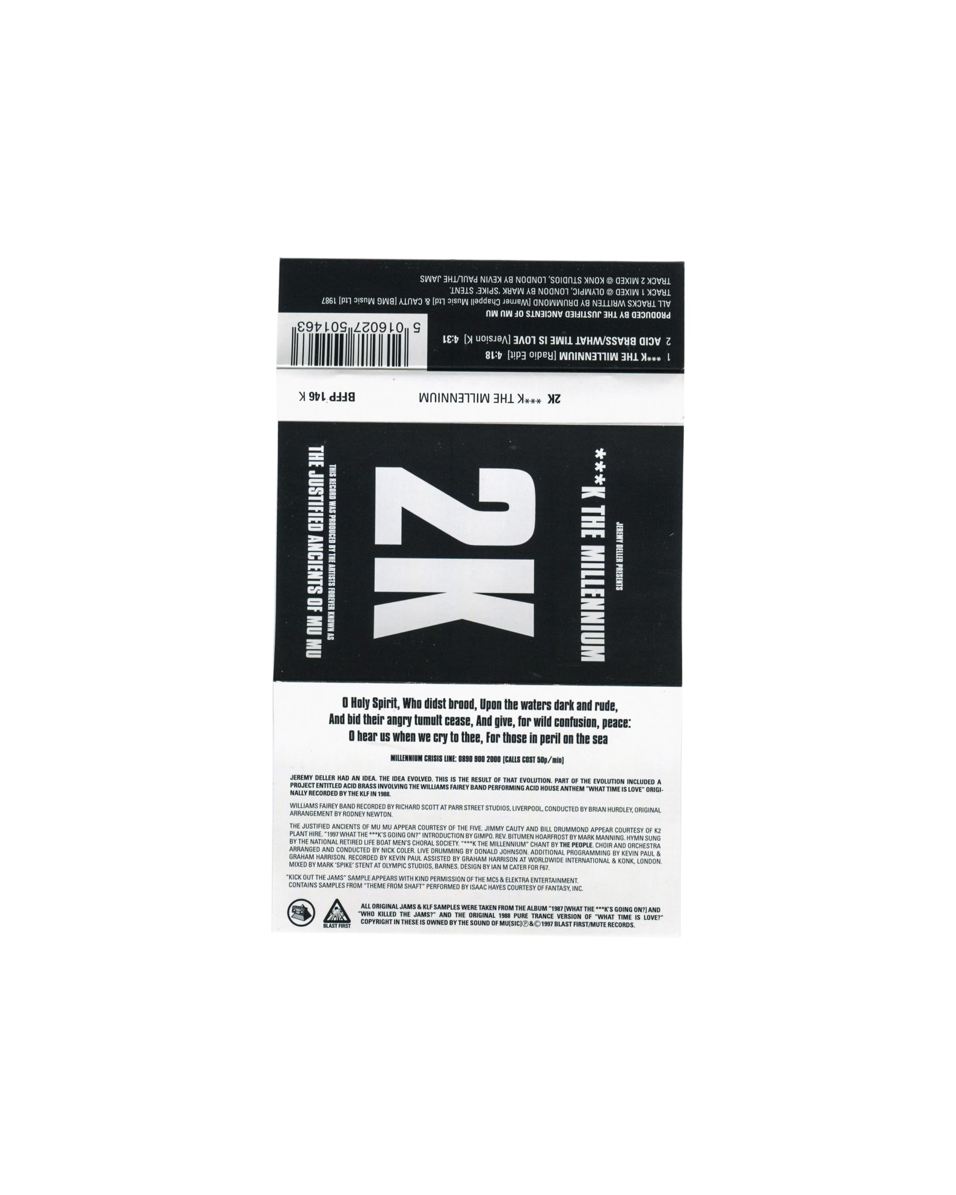 Jeremy Deller / 2K — ***K The Millennium, Blast First 1997, J-card unfolded reverse, track listing, Acid Brass credit, BFFP 146 K