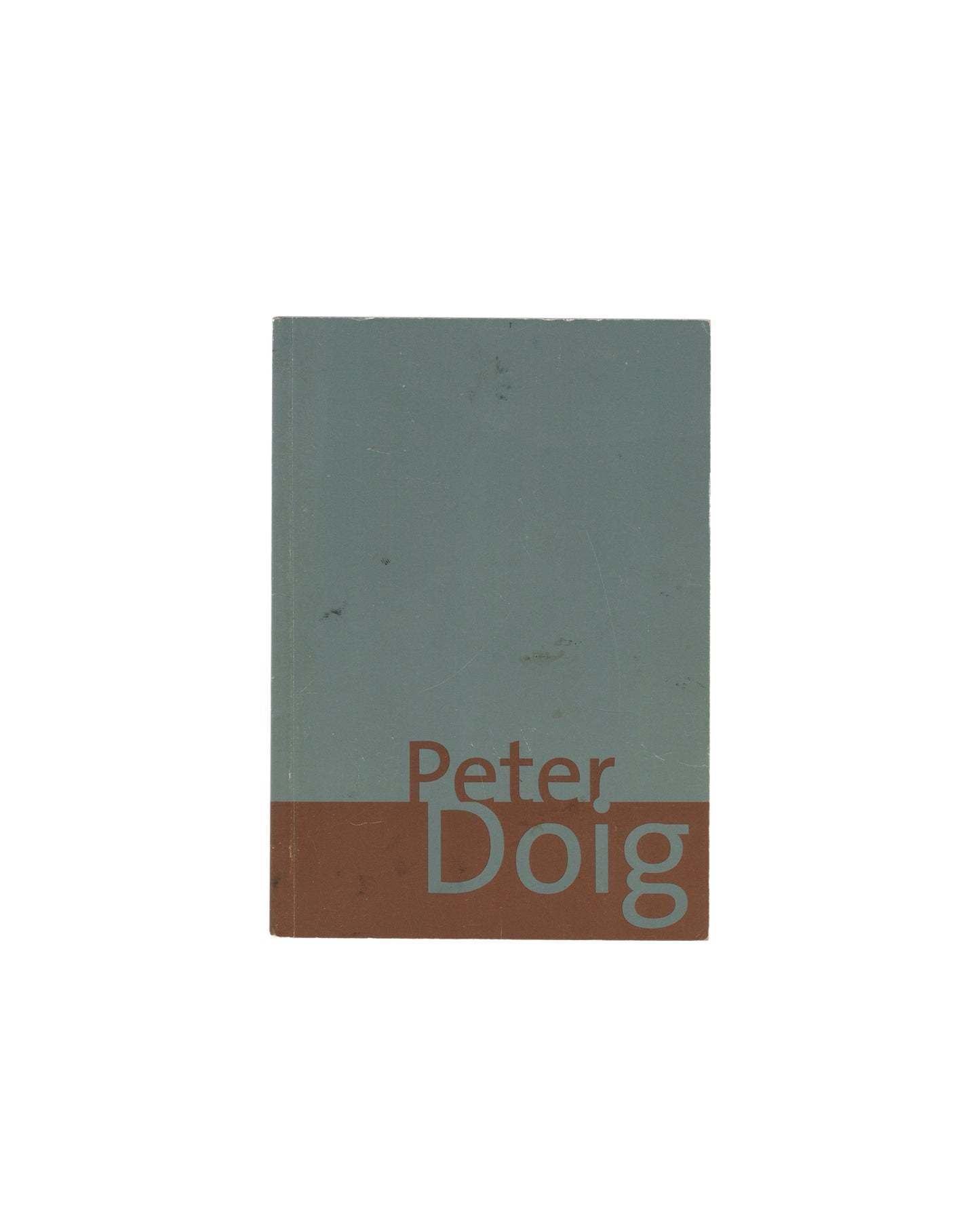 Peter Doig, exhibition catalogue cover, The Arts Club of Chicago, 2003. Muted sage green and terracotta two-colour softcover with artist name in terracotta lowercase type at foot. Restrained institutional design.