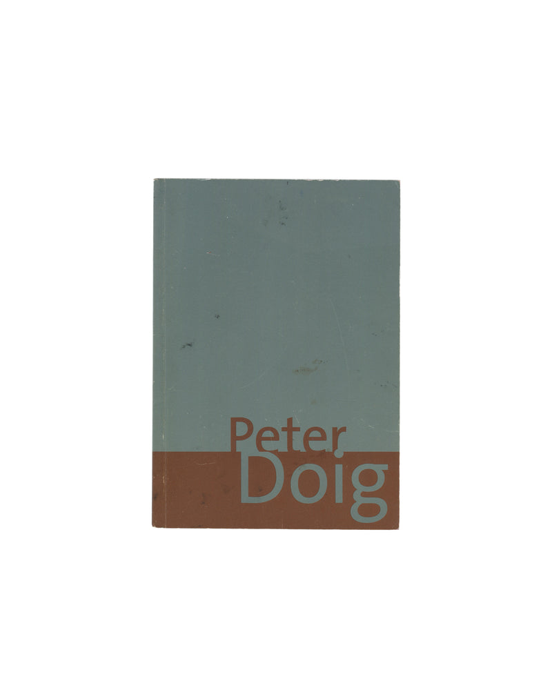 Peter Doig, exhibition catalogue cover, The Arts Club of Chicago, 2003. Muted sage green and terracotta two-colour softcover with artist name in terracotta lowercase type at foot. Restrained institutional design.