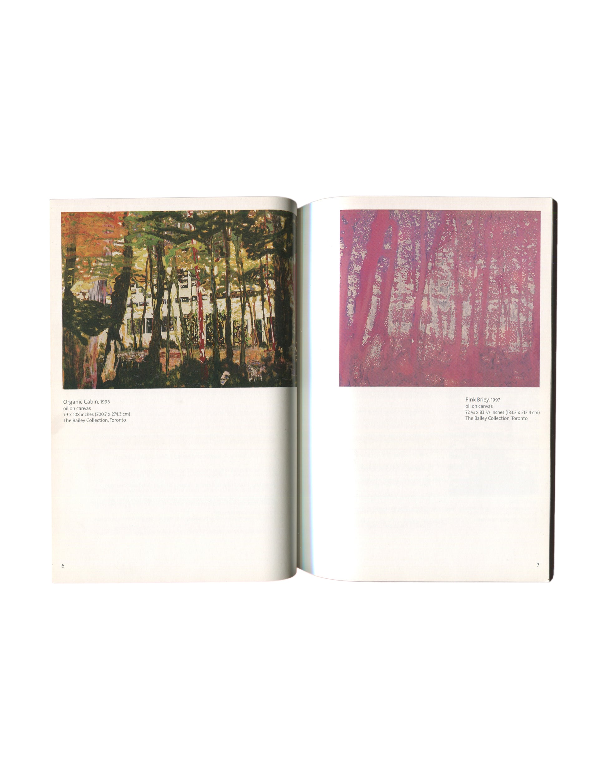 Peter Doig, exhibition catalogue interior spread pp. 6–7, The Arts Club of Chicago, 2003. Left: Organic Cabin, 1996, oil on canvas, 79 × 108 inches, The Bailey Collection, Toronto. Right: Pink Birch, 1997, oil on canvas, 72¾ × 83¾ inches, The Bailey Collection, Toronto.