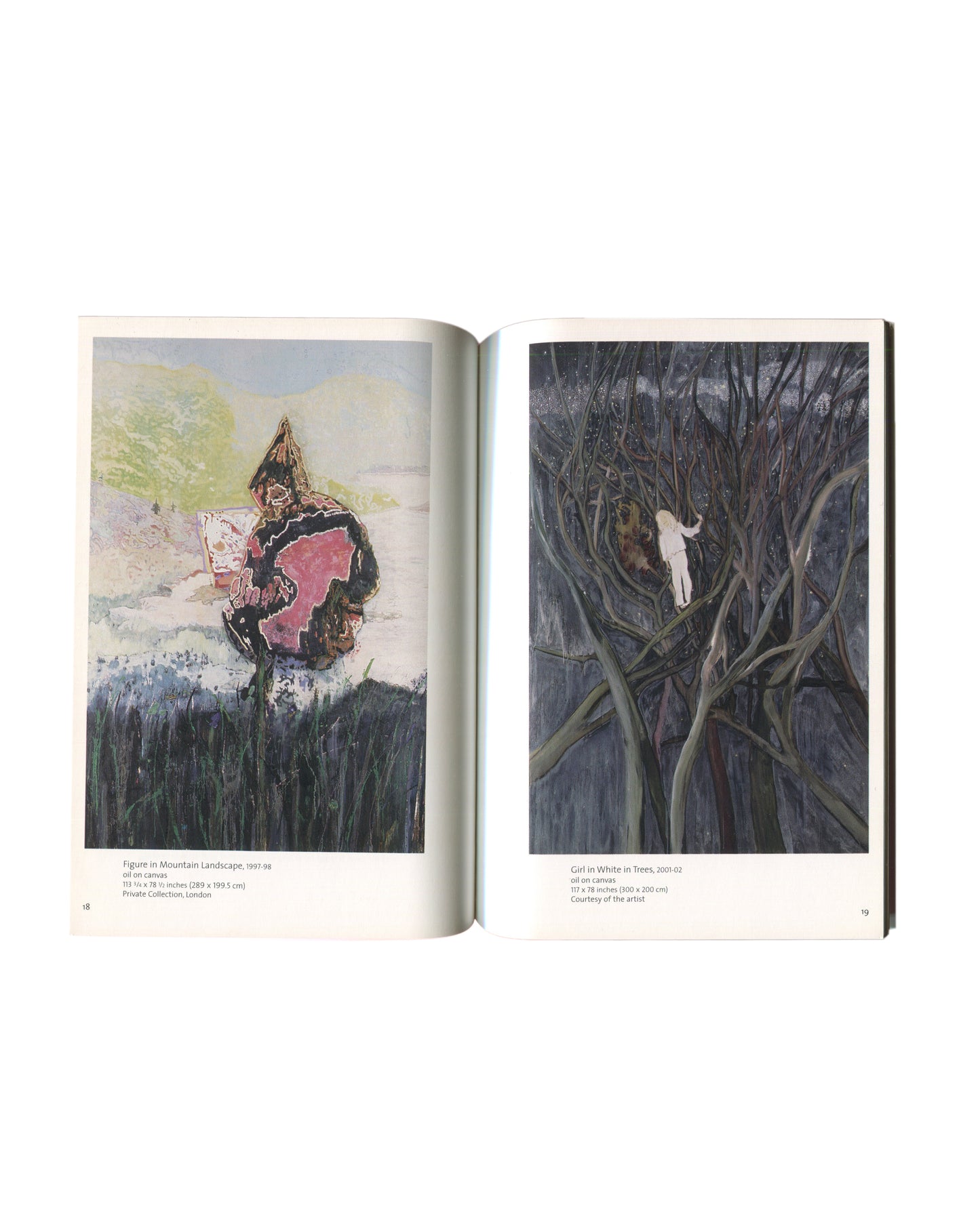 Peter Doig, exhibition catalogue interior spread pp. 18–19, The Arts Club of Chicago, 2003. Left: Figure in Mountain Landscape, 1997–99, oil on canvas, 110¾ × 78¼ inches, Private Collection, London. Right: Girl in White in Trees, 2001–02, oil on canvas, 117 × 78 inches, courtesy of the artist.