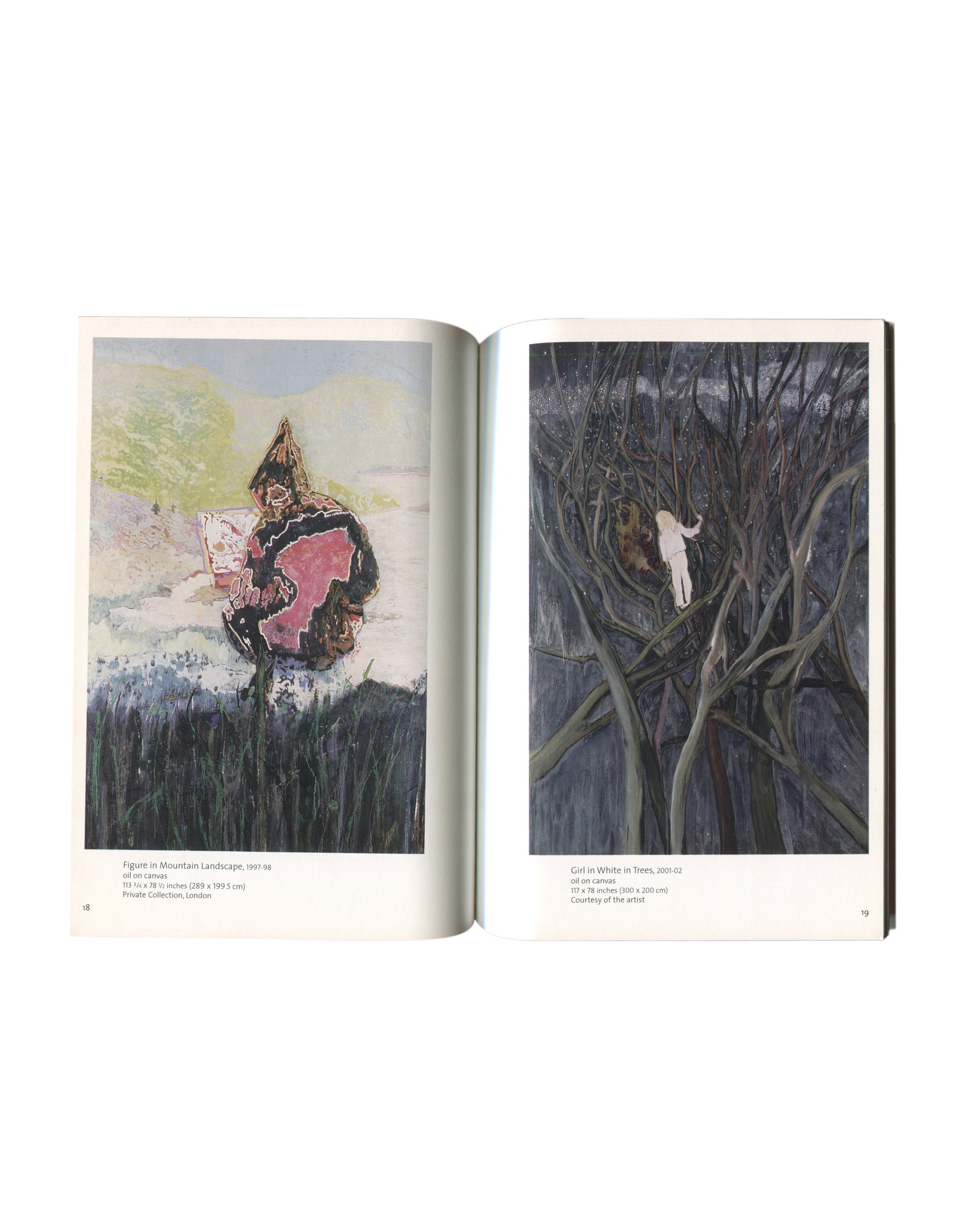 Peter Doig, exhibition catalogue interior spread pp. 18–19, The Arts Club of Chicago, 2003. Left: Figure in Mountain Landscape, 1997–99, oil on canvas, 110¾ × 78¼ inches, Private Collection, London. Right: Girl in White in Trees, 2001–02, oil on canvas, 117 × 78 inches, courtesy of the artist.