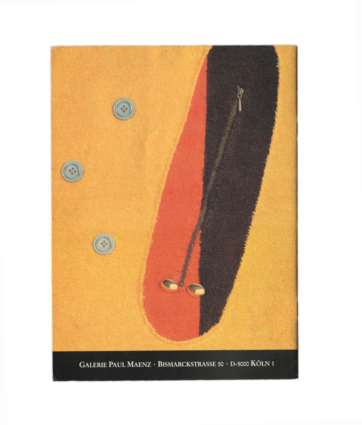 Jiří Georg Dokoupil, Exhibition Catalogue, 1987 — back cover. Black and red biomorphic form with zipper and three buttons on yellow-orange ground. Galerie Paul Maenz, Bismarckstrasse 50, Cologne.
