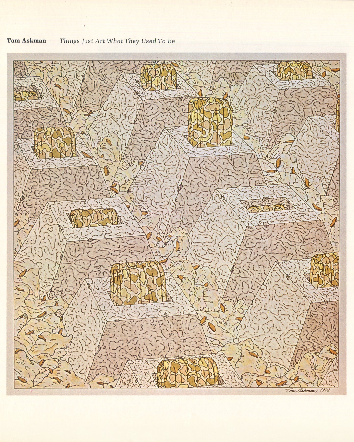 Interior plate from 1973 Extraordinary Realities, Whitney Museum of American Art. Myron Helfgott, Marvin Makes a Last Stand in the Winner's Circle — black-and-white photograph of a three-dimensional diorama or relief construction showing a snowy landscape with small figurines of animals and mechanical elements arranged across a painted and sculpted surface with rounded corners.